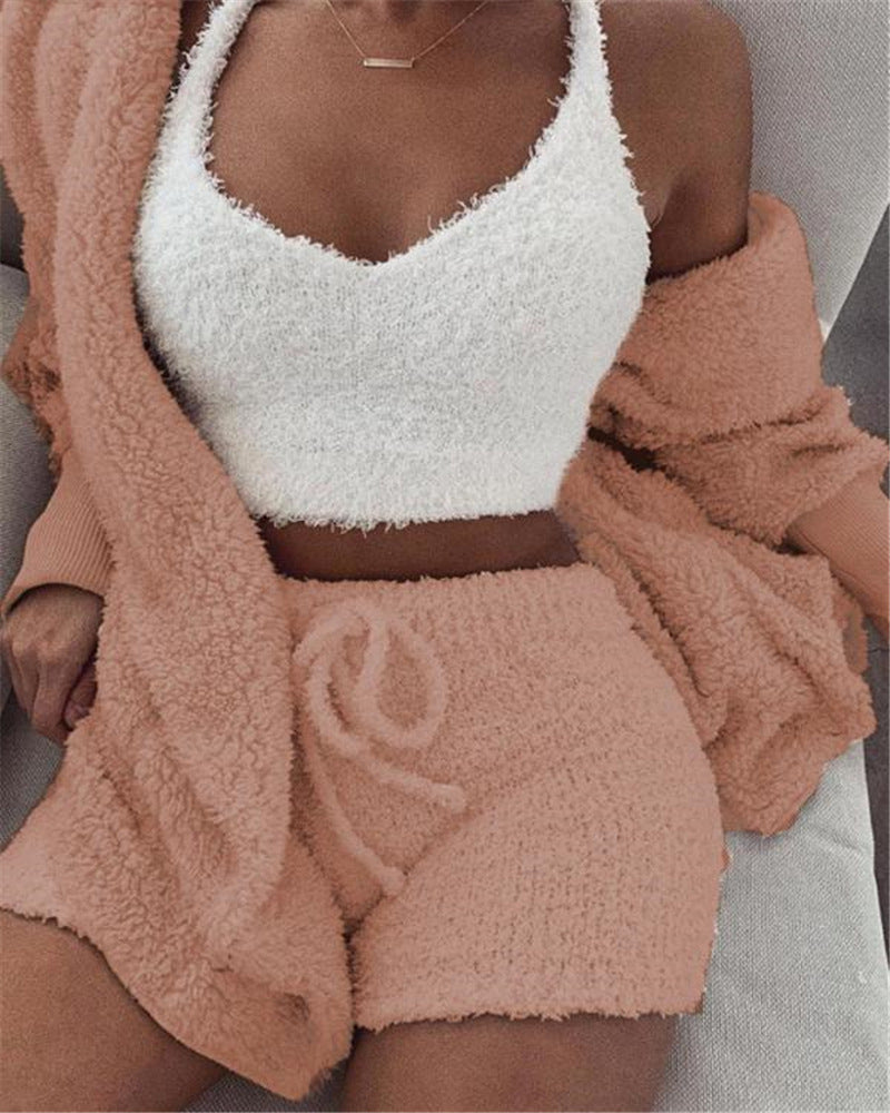 3pcs Women's Clothing Long Sleeve Crop Tank Top And Drawstring Shorts Pajama Set
