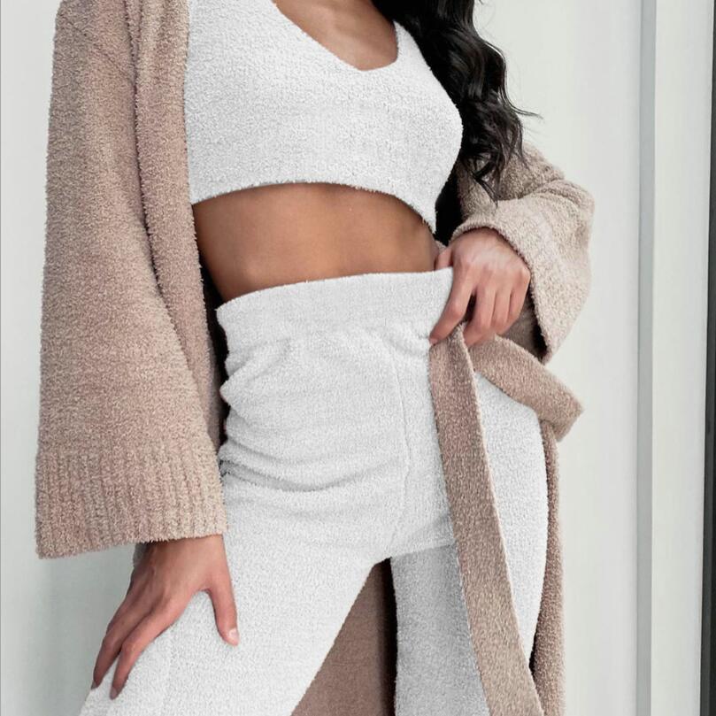3pcs Women's Clothing Long Sleeve Crop Tank Top And Drawstring Shorts Pajama Set