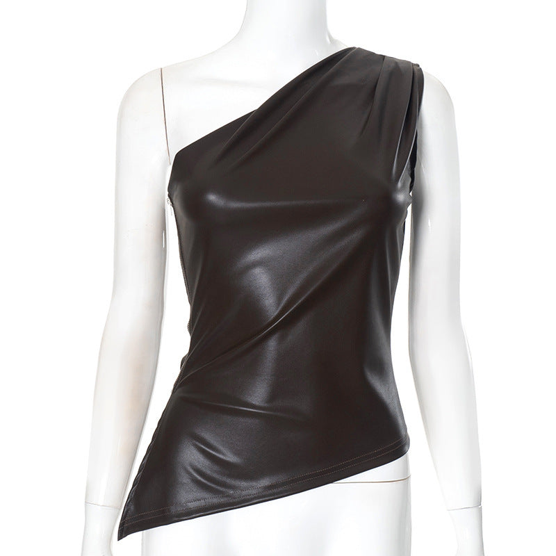 Solid Color Sleeveless One-shoulder Diagonal Collar Zipper T-shirt Top For Women