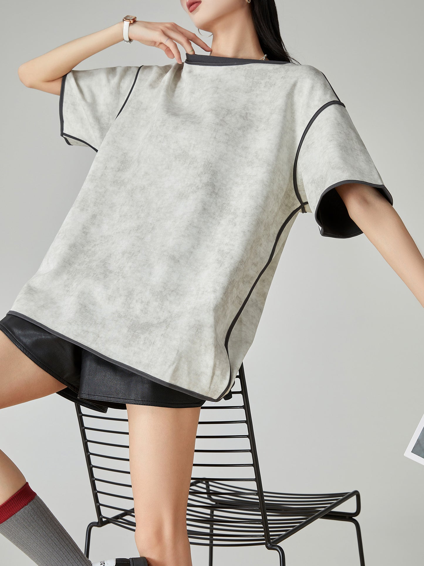 Gray American Blooming Loose Profile Short-sleeved T-shirt For Women