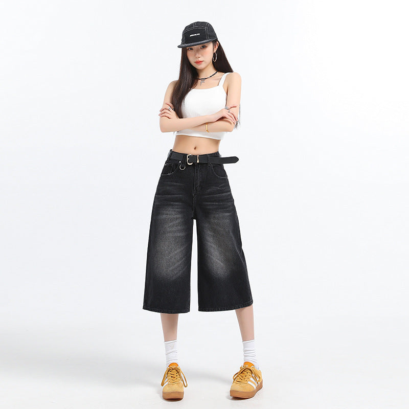 American Retro Washed High Waist Wide Leg Straight Jeans