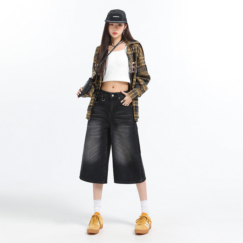 American Retro Washed High Waist Wide Leg Straight Jeans