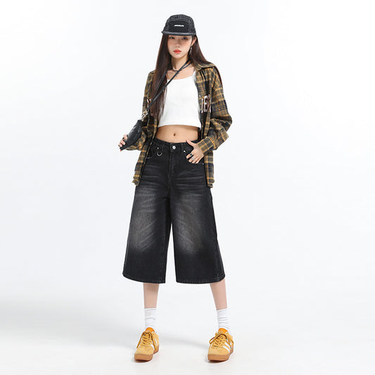 American Retro Washed High Waist Wide Leg Straight Jeans