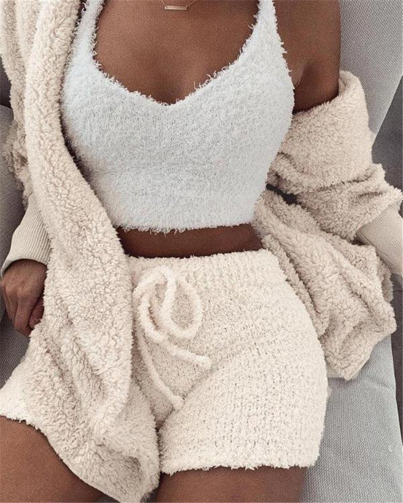 3pcs Women's Clothing Long Sleeve Crop Tank Top And Drawstring Shorts Pajama Set