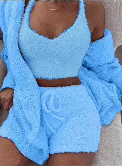 3pcs Women's Clothing Long Sleeve Crop Tank Top And Drawstring Shorts Pajama Set