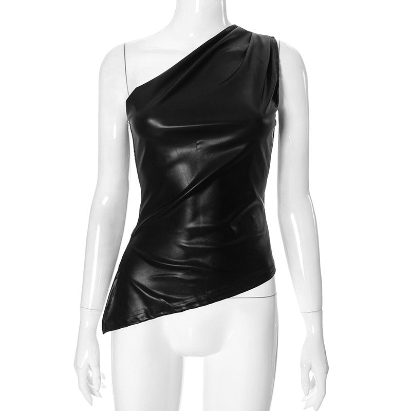 Solid Color Sleeveless One-shoulder Diagonal Collar Zipper T-shirt Top For Women