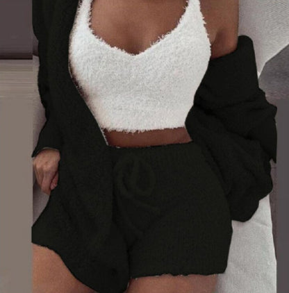 3pcs Women's Clothing Long Sleeve Crop Tank Top And Drawstring Shorts Pajama Set