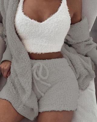 3pcs Women's Clothing Long Sleeve Crop Tank Top And Drawstring Shorts Pajama Set