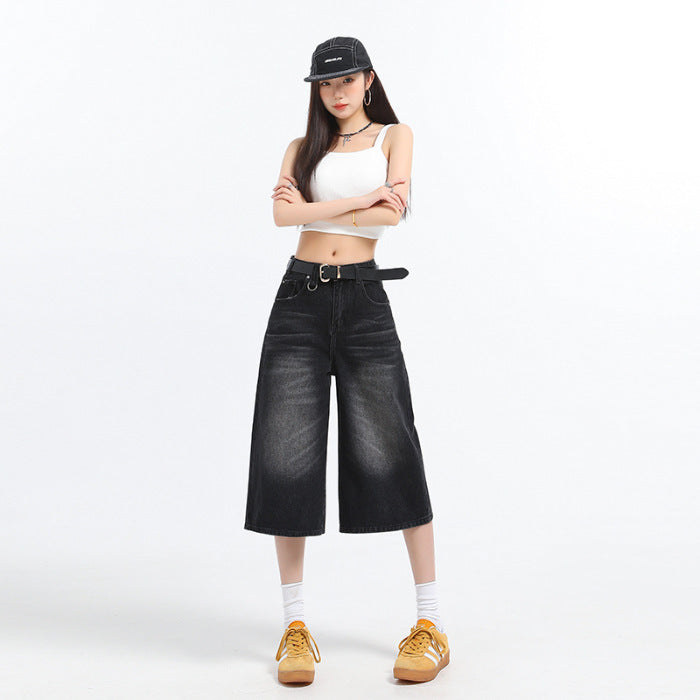 American Retro Washed High Waist Wide Leg Straight Jeans