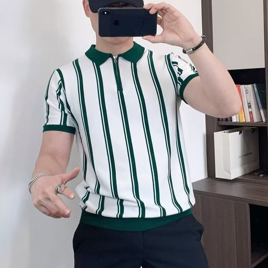 Korean Style Vintage Stripe Personality Zipper Half-sleeved Casual T-shirt For Men