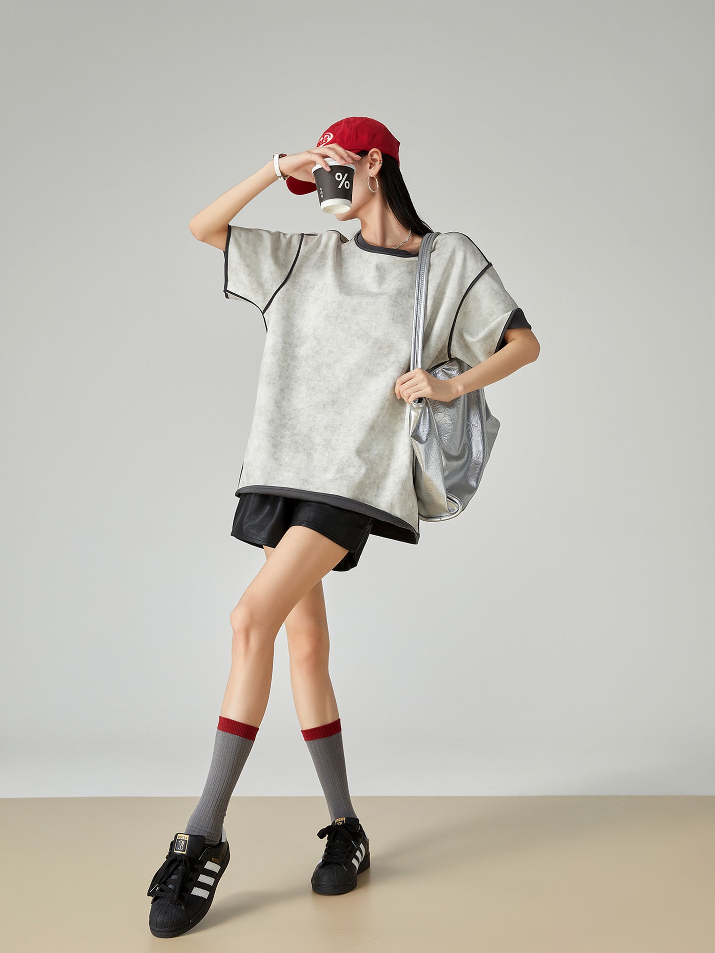 Gray American Blooming Loose Profile Short-sleeved T-shirt For Women