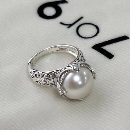 Niche Retro Hollow Carved Round Pearl Ring