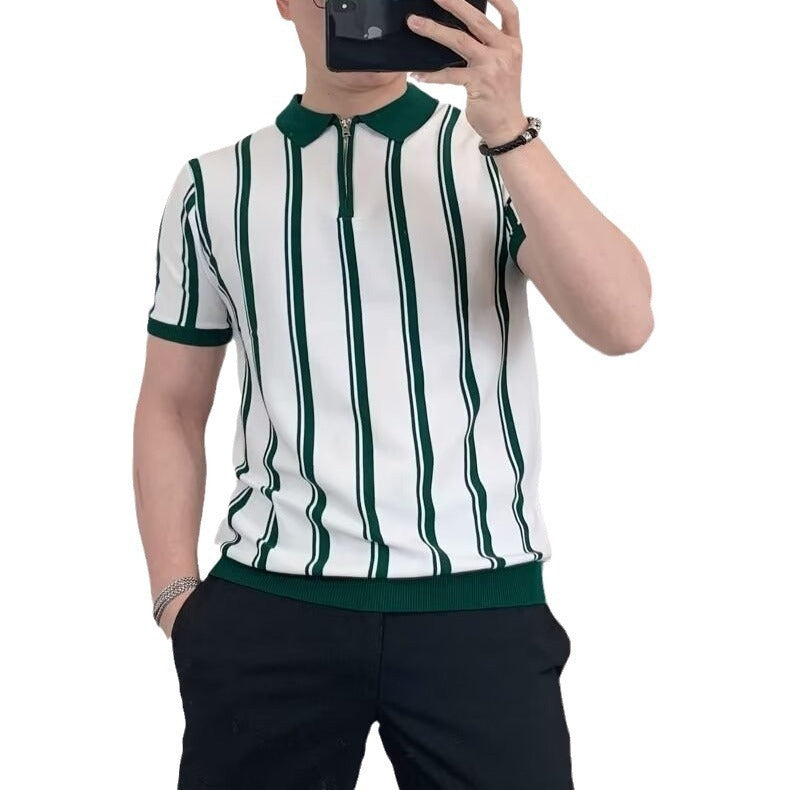Korean Style Vintage Stripe Personality Zipper Half-sleeved Casual T-shirt For Men