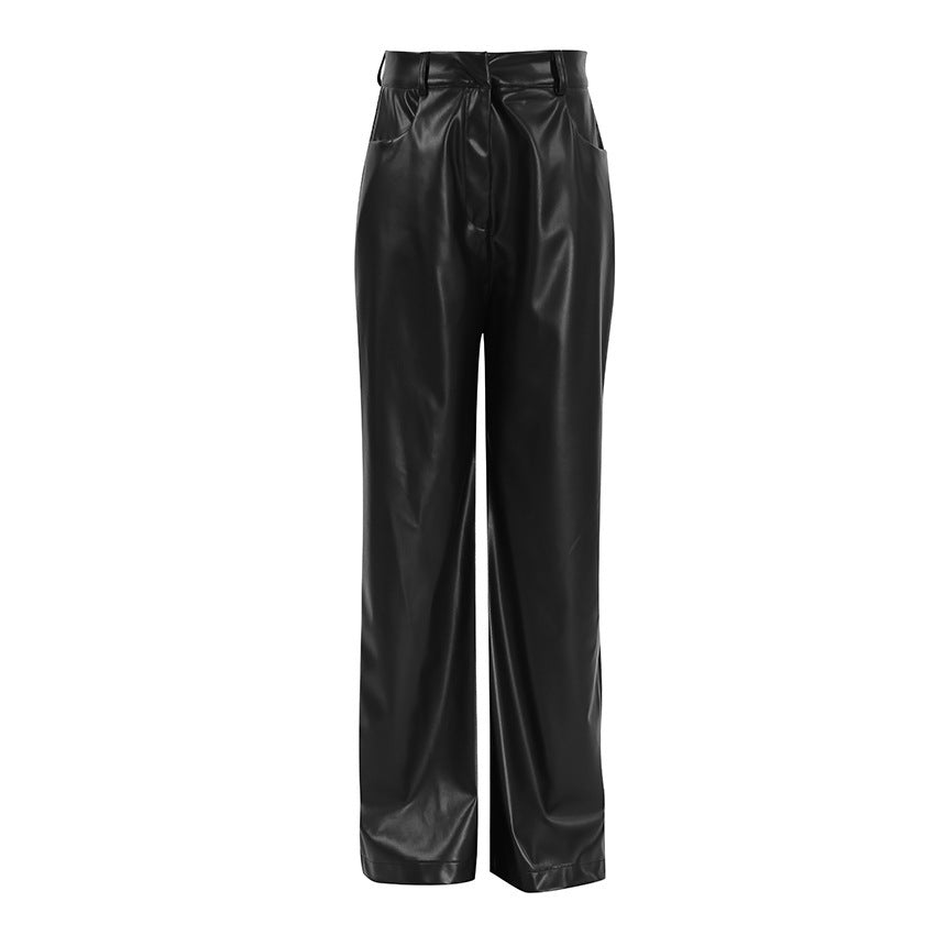 Retro Casual Black Leather Pants