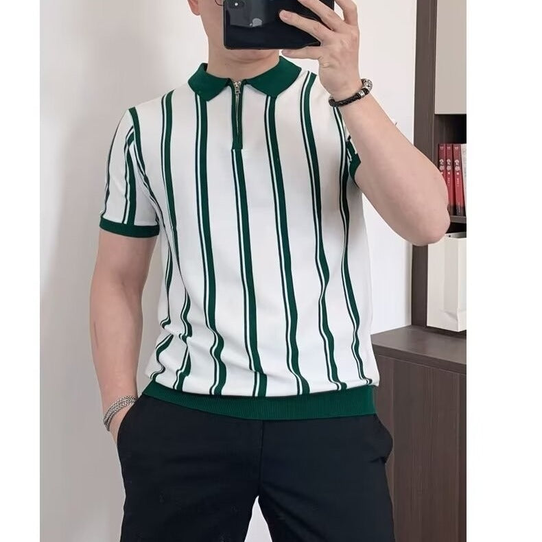 Korean Style Vintage Stripe Personality Zipper Half-sleeved Casual T-shirt For Men