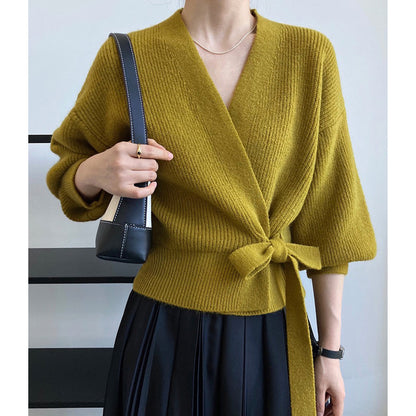 French Retro Knitted Cardigan Top V-neck Tie Loose Women's Sweater Coat, Handmade Spring Clothing, Women's Clothing