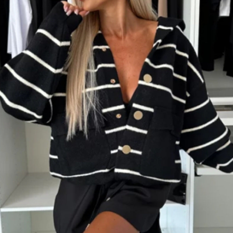 Striped Stitching Hooded Pocket Loose Sweater Coat