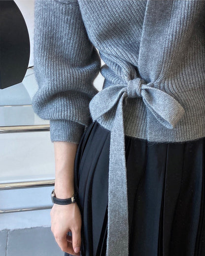 French Retro Knitted Cardigan Top V-neck Tie Loose Women's Sweater Coat, Handmade Spring Clothing, Women's Clothing