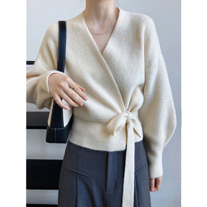 French Retro Knitted Cardigan Top V-neck Tie Loose Women's Sweater Coat, Handmade Spring Clothing, Women's Clothing
