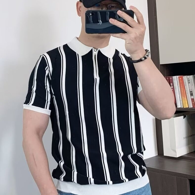 Korean Style Vintage Stripe Personality Zipper Half-sleeved Casual T-shirt For Men