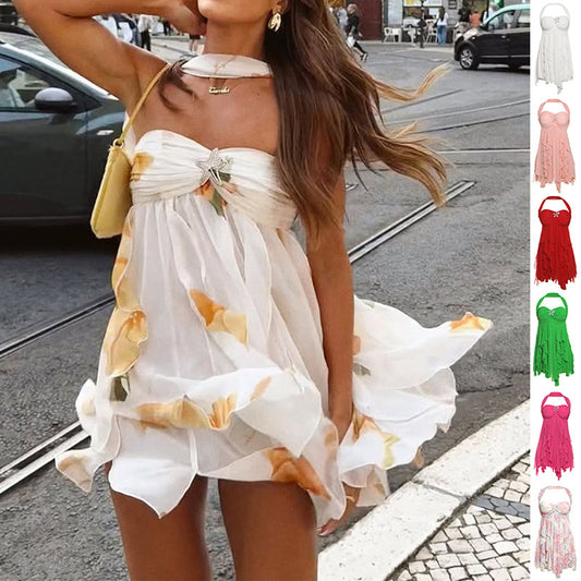 Woman wearing a white floral dress on a street with inset images of different colored dresses.