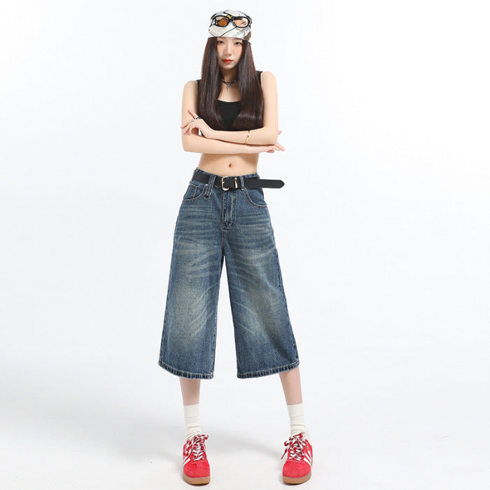 American Retro Washed High Waist Wide Leg Straight Jeans