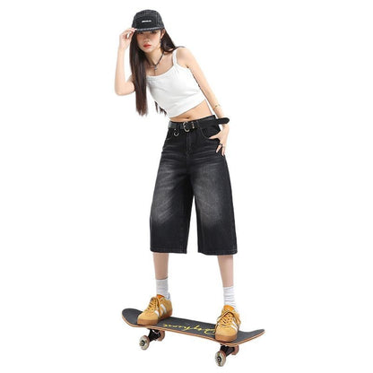 American Retro Washed High Waist Wide Leg Straight Jeans