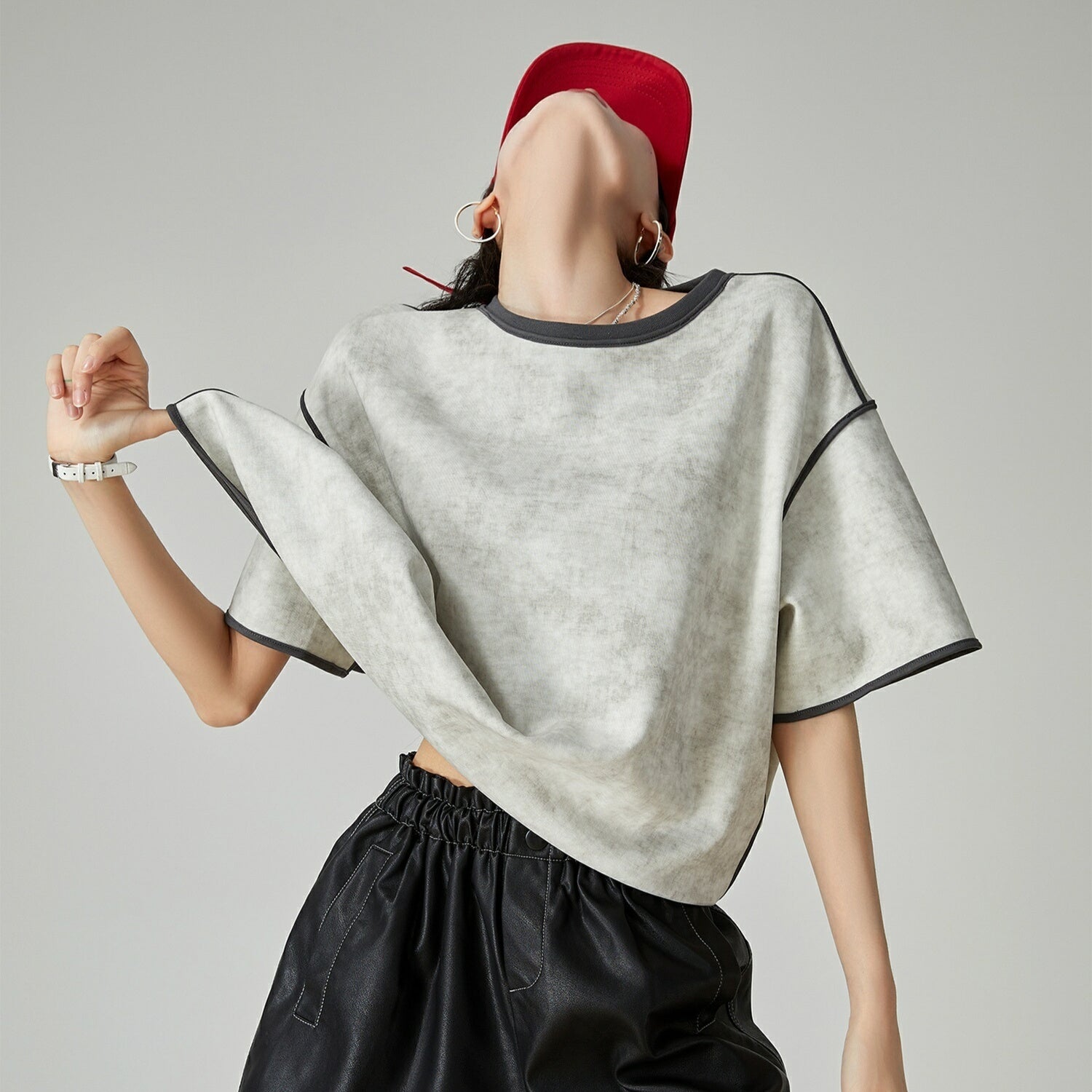 Gray American Blooming Loose Profile Short-sleeved T-shirt For Women